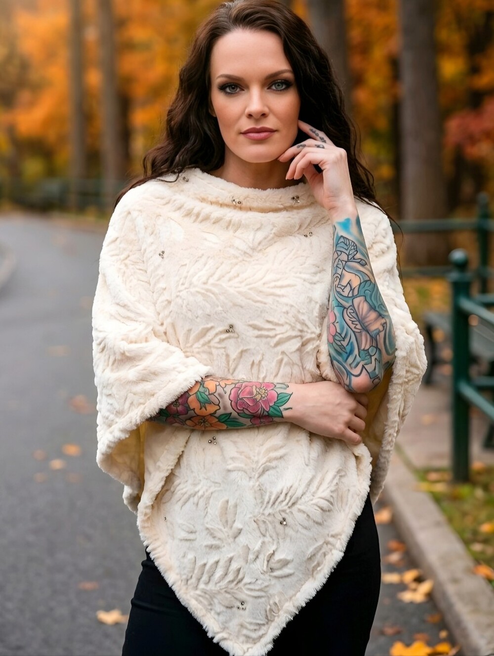 PASSAGE ✦ Ivory Faux Fur Pearl Bead Poncho ✦ Embossed Leaf Diamond Silhouette OS